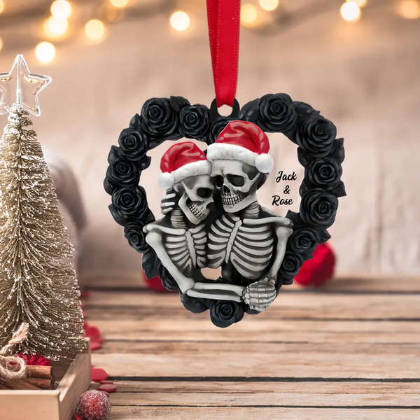 Schwarze Rose in Herzform – personalisiertes Skelett-Paar, flaches Ornament, Weihnachtsbaumdekoration
