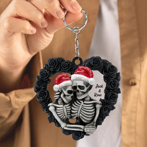Schwarze Rose Herzform - Personalisierter flacher Skelett-Paar-Schlüsselanhänger, Halloween- oder Weihnachtsgeschenk