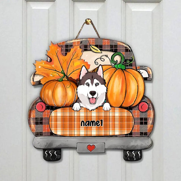 Personalisiertes Holzschild in LKW-Form für Katzen und Hunde, Herbstsaison