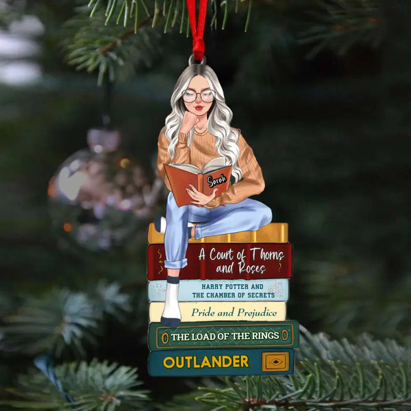 Girl Reading Book - Custom Book Titles, Personalized Acrylic Christmas Ornament