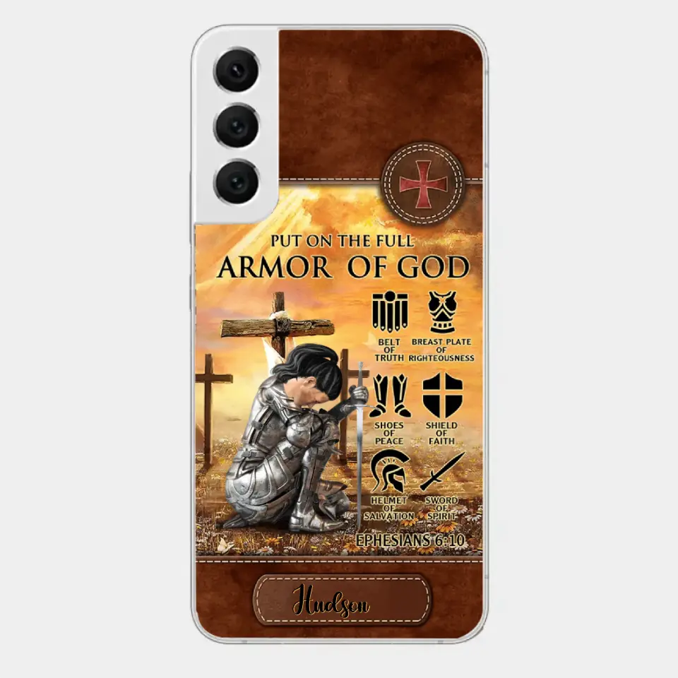 Personalized Woman Warrior Knight Put On The Full Armor Of God Leather Texture Phone Case