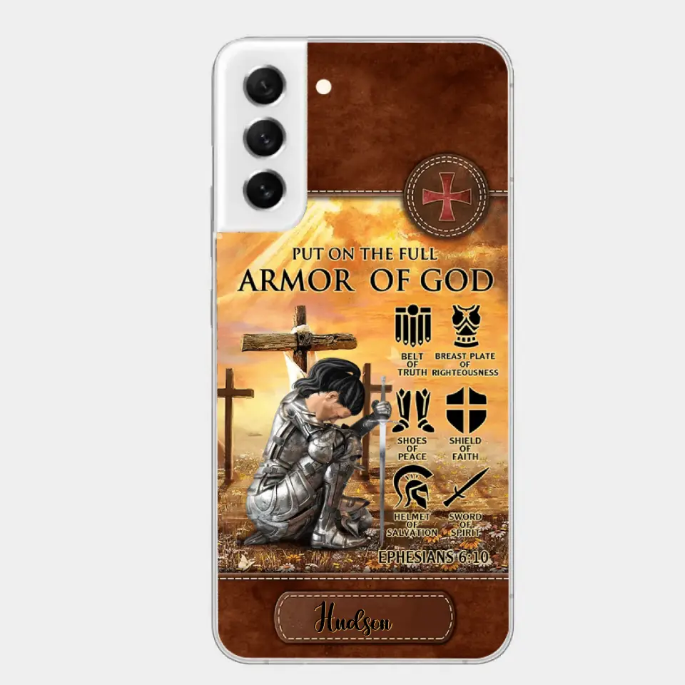 Personalized Woman Warrior Knight Put On The Full Armor Of God Leather Texture Phone Case