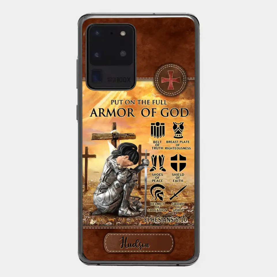 Personalized Woman Warrior Knight Put On The Full Armor Of God Leather Texture Phone Case