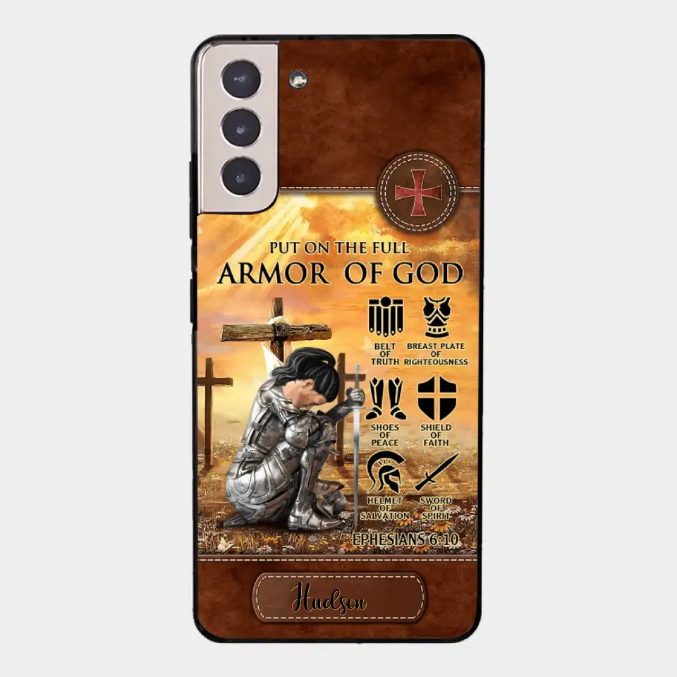 Personalized Woman Warrior Knight Put On The Full Armor Of God Leather Texture Phone Case