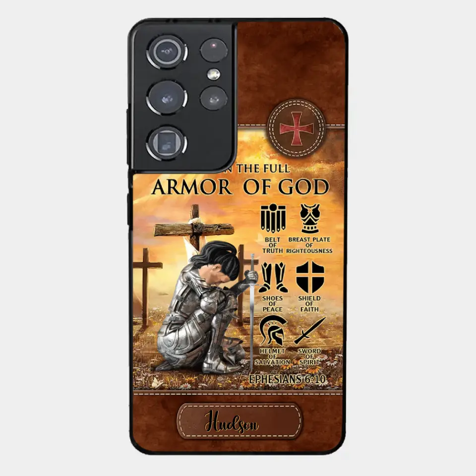 Personalized Woman Warrior Knight Put On The Full Armor Of God Leather Texture Phone Case
