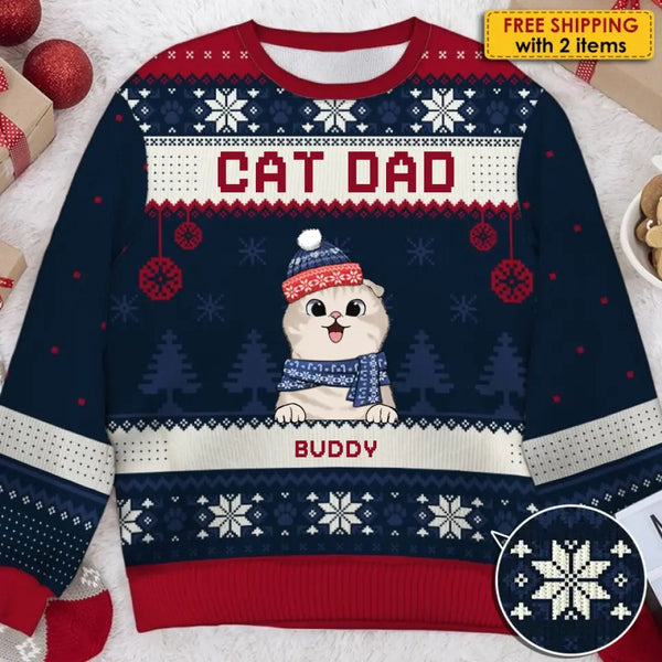 Merry Christmas, Cat Mom Cat Dad - Personalized Custom Unisex Ugly Christmas Sweatshirt, Wool Sweatshirt