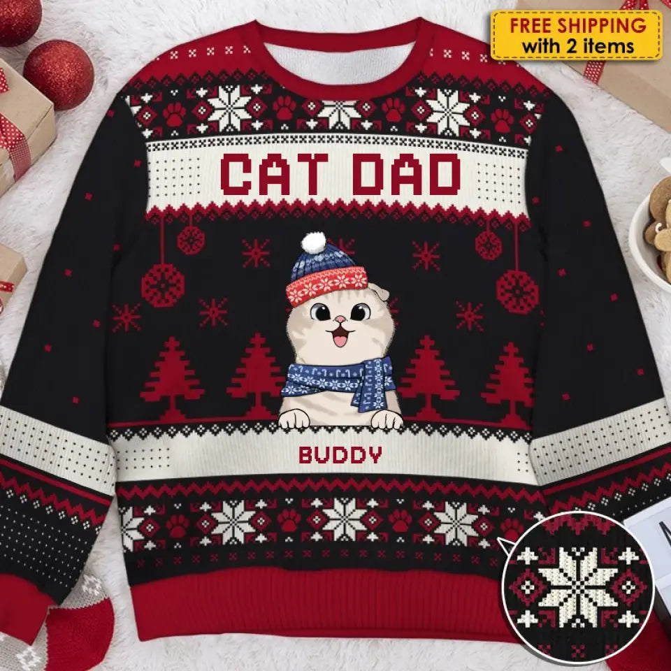 Merry Christmas, Cat Mom Cat Dad - Personalized Custom Unisex Ugly Christmas Sweatshirt, Wool Sweatshirt