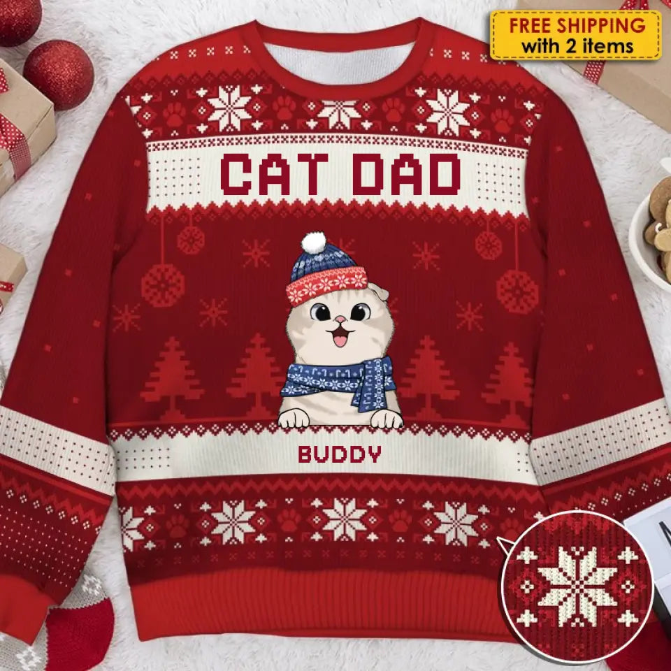 Merry Christmas, Cat Mom Cat Dad - Personalized Custom Unisex Ugly Christmas Sweatshirt, Wool Sweatshirt