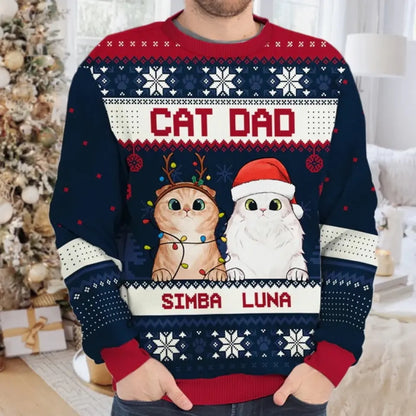 Merry Christmas, Cat Mom Cat Dad - Personalized Custom Unisex Ugly Christmas Sweatshirt, Wool Sweatshirt